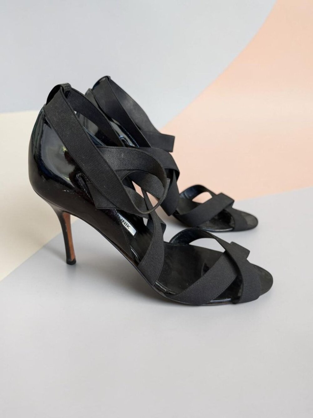 MANOLO BLAHNIK Black Strappy Leather Sandals Heels Size 37 / US 7